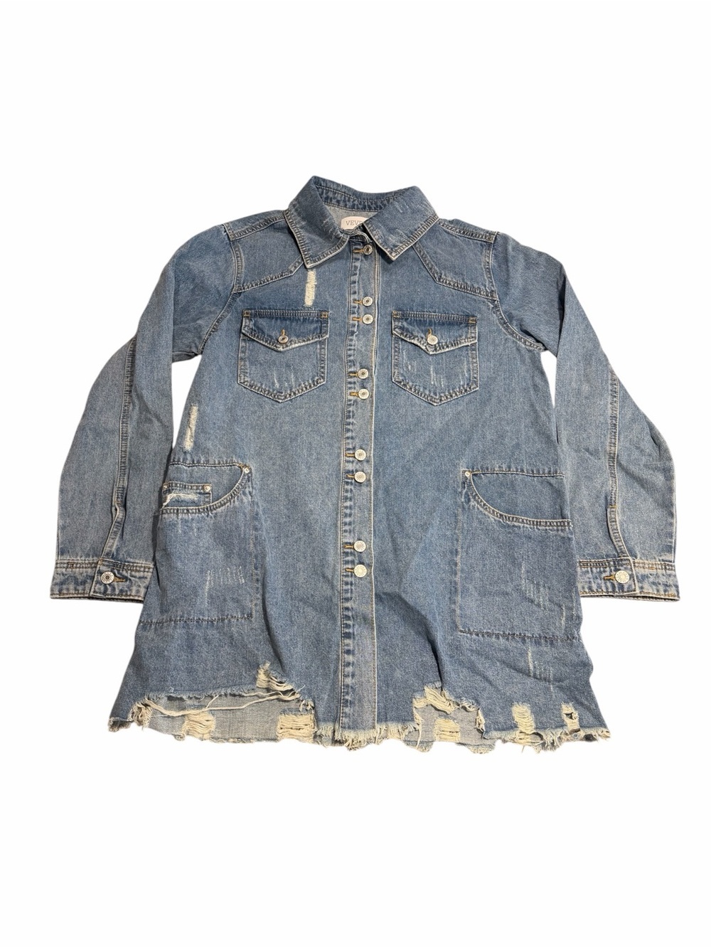 Veveret Denim Jean Shacket Jacket Size Medium Medium Wash Distressed Button Down - Picture 4 of 15